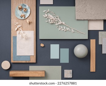 Elegant  flat lay composition in green, blue and beige color palette with textile and paint samples, lamella panels and tiles. Architect and interior designer moodboard. Top view. Copy space.  - Shutterstock ID 2276257881