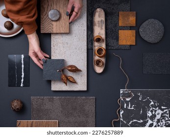 Elegant  flat lay composition in grey and black color palette with textile and paint samples, lamella panels and tiles. Architect and interior designer moodboard. Top view. Copy space.  - Shutterstock ID 2276257889