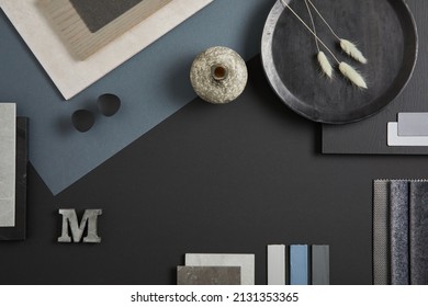 Elegant Flat Lay Composition Of Interior Designer Moodboard With Textile And Paint Samples, Panels And Tiles. Black, Blue, Beige And Dark Grey Color Palette. Copy Space. Template. 