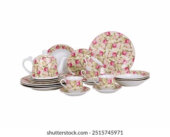 Elegant floral dinnerware set featuring plates, cups, and a teapot adorned with rose patterns, ideal for enhancing dining experiences with a touch of charm and style. - Powered by Shutterstock