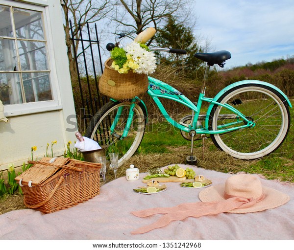 turquoise bike with basket