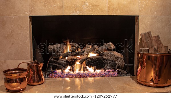 Elegant Gas Fireplace Encased Marble Accompanying Stock Photo