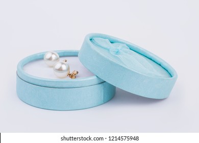 Elegant Gift Box With Pearl Earrings. Golden Accessory In Turquoise Gift Box. Beautiful Gift For Mothers Day.