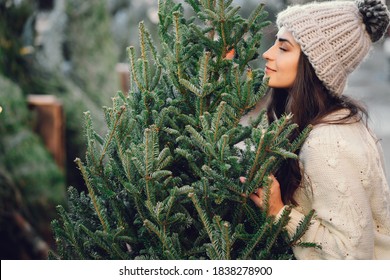 Elegant Girl Buys A Christmas Tree. Woman In A White Knited Sweater. Beautiful Lady With Dark Hair.