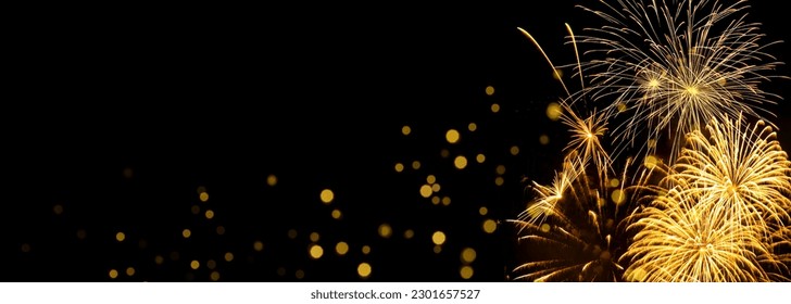 Elegant gold and black background with fireworks and light sparkles. Background for birthday celebrations, big events, congratulations and holidays like 4th of July or New Year's Eve - Shutterstock ID 2301657527