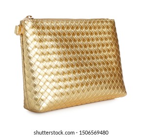 Elegant Gold Cosmetic Bag Isolated On White