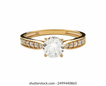 Elegant Gold Diamond Engagement Ring, featuring a central round-cut diamond and a band adorned with smaller diamonds set in a gold setting. - Powered by Shutterstock