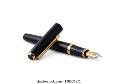 Elegant gold plated business fountain pen isolated on white with clipping path