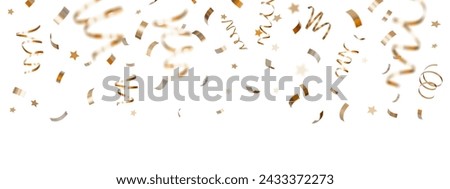Elegant golden confetti and stars isolated on white, clean background, perfect for celebration themes, festive decorations, holiday sales, and jubilant event promotions. Shiny particles. Header. 3D.