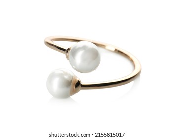 Elegant Golden Ring With Pearls Isolated On White