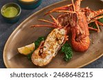 Elegant Gourmet Grilled Lobster Dish with Lemon and Sauces - Fine Dining Seafood Plate for Restaurant Menu