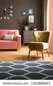 Elegant Green Armchair And A Blue Rug With Pattern On Hardwood Floor In A Dark Gray Living Room Interior With A Powder Pink Sofa. Real Photo.