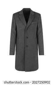 Elegant Grey Wool Classic Coat Isolated On White Background. Stylish Warm Outwear. Best Classic Outdoor Clothing. Front View