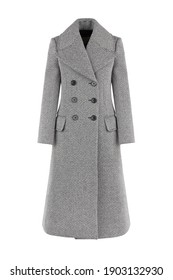 Elegant Grey Wool Women's Coat Isolated On White Background. Stylish Warm Outwear. Best Classic Outdoor Clothing