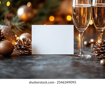 Elegant Holiday Mockup with Blank Card, Gold Ornaments, Pinecones, and Sparkling Wine – Perfect for Christmas or New Year Invitations - Powered by Shutterstock