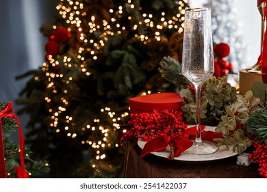 Elegant Holiday Table Setting with Christmas Decorations and Champagne Flute. - Powered by Shutterstock