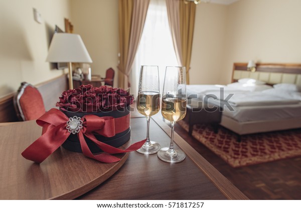 Elegant Hotel Room Rose Decoration Champagne Stock Photo
