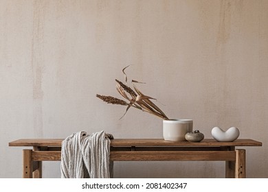 Elegant Interior Composition With Elegant Wooden Bench. Beautiful Decorations And Accessories. Modern Home Interior Design. Retro Inspiration. Copy Space. Structure Wall. Template.