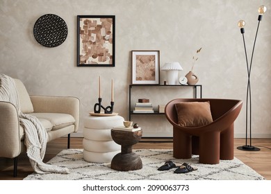 Elegant interior of living room with beige sofa, black console, brown creative armchair, modern lamp, mock up poster frame and stylish home decorations. Copy space. Template. - Shutterstock ID 2090063773