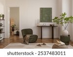 Elegant interior with soft textures, green accents, and natural lighting, embodying a serene and welcoming vibe. Home decor.