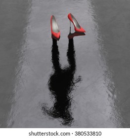 Elegant Invisible unemployed job seeker Woman with red high heels standing on the wet floor. Create your own reality, DIY. Healthy lifestyle Job Office concept. Missing Lost person. Political leader.