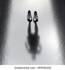 Elegant Invisible Unemployed Job Seeker Woman With Black High Heels Standing On The Wet Floor. Create Your Own Reality, DIY. Healthy Lifestyle Job Office Concept. Missing Lost Person. Political Leader