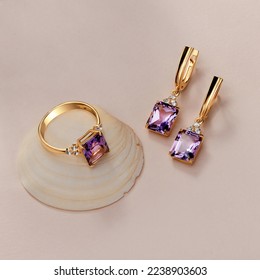 Elegant jewelry set. Jewellery set with gemstones. Jewelry accessories collage. Product still life concept. Ring, necklace and earrings. - Shutterstock ID 2238903603