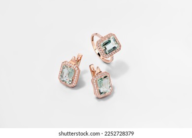 Elegant jewelry set. Jewellery set with gemstones. Jewelry accessories collage. Product still life concept. Ring, necklace and earrings. - Shutterstock ID 2252728379