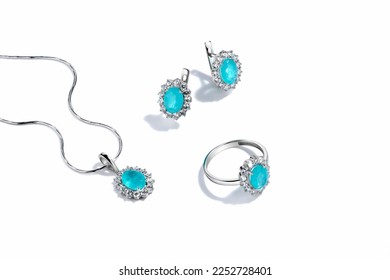 Elegant jewelry set. Jewellery set with gemstones. Jewelry accessories collage. Product still life concept. Ring, necklace and earrings. - Shutterstock ID 2252728401
