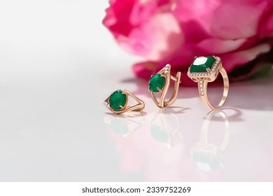 Elegant jewelry set. Jewellery set with gemstones. Jewelry accessories collage. Product still life concept. Ring, necklace and earrings. - Shutterstock ID 2339752269