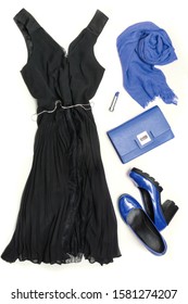 Elegant Little Black Dress And Classic Blue Accessories For Special Date Or Holiday. Cocktail Dress Outfit, Night Out Look On White. Blue Clutch, Shoes And Shawl. Flat Lay, Top View.