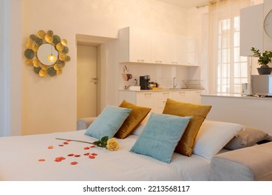 Elegant Living Room Furnished In Modern Apartment With A Sofa Bed. There Are Large Pillows And Red Rose Petals. Nobody Inside