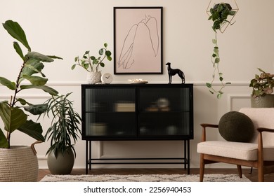 Elegant living room interior with mock up poster frame, black sideboard, stylish armchair, round pillow, clock, dog, plants in flowerpots and personal accessories. Home decor. Template. 