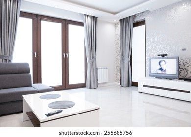 Elegant Living Room Interior With Silver Wallpaper