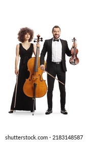 Elegant male and female musicians with a contrabass and a violin isolated on white background