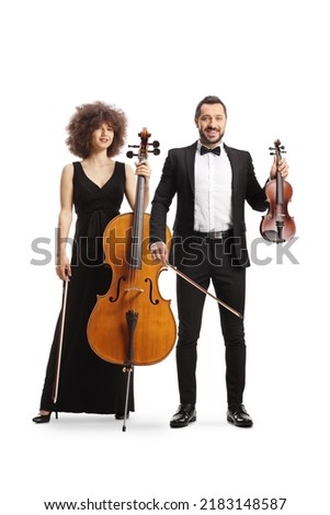 Elegant male and female musicians with a contrabass and a violin isolated on white background