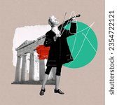 Elegant male model as historical character, great music composer playing violin. Classical music. Contemporary art collage. Retro style, fashion, art, comparison of eras concept. Ad