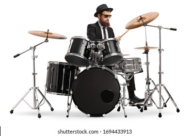 Elegant male musician playing drums isolated on white background - Powered by Shutterstock