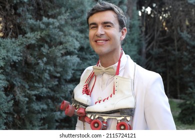 Elegant Male Roller Skater Wearing White Suit