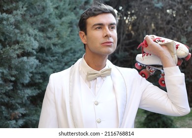 Elegant Male Roller Skater Wearing White Suit