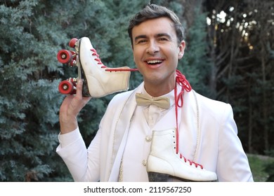 Elegant Male Roller Skater Wearing White Suit