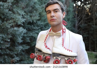 Elegant Male Roller Skater Wearing White Suit