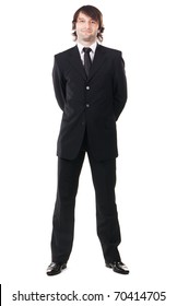 Elegant Man In Black Suit Against White Background