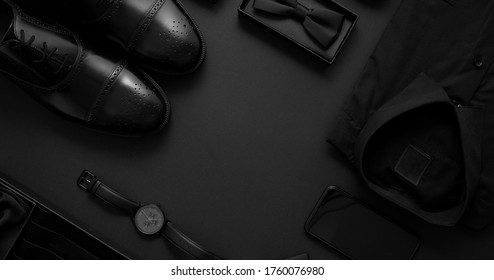 Elegant man clothes concept. Set of black wardobe and accessories for official party evening meeting - Powered by Shutterstock