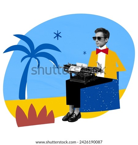 Elegant man sitting on beach with retro typewriter and working remotely on summer vacation. Writer, journalist, novelist. Contemporary art collage. Concept of modern workforce, remote work, creativity