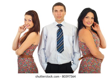 Elegant Man Standing Between Two Beautiful Women Who Wearing Same Dress Isolated On White Background