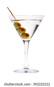 Elegant Martini Glass With Green Olive And Toothpick Isolated On White