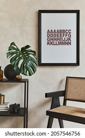 Elegant Masculine Living Room Interior Design Composition With Mock Up Poster Frame, Brown Armchair, Industrial Geometric Shelf And Personal Accessories. Template.