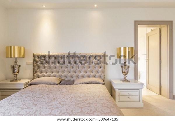 Elegant Master Bedroom Double Bed Quilted Stock Photo Edit