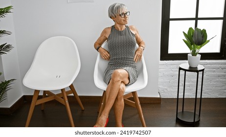 Elegant mature woman sitting casually in a bright modern room with white furniture and a plant. - Powered by Shutterstock